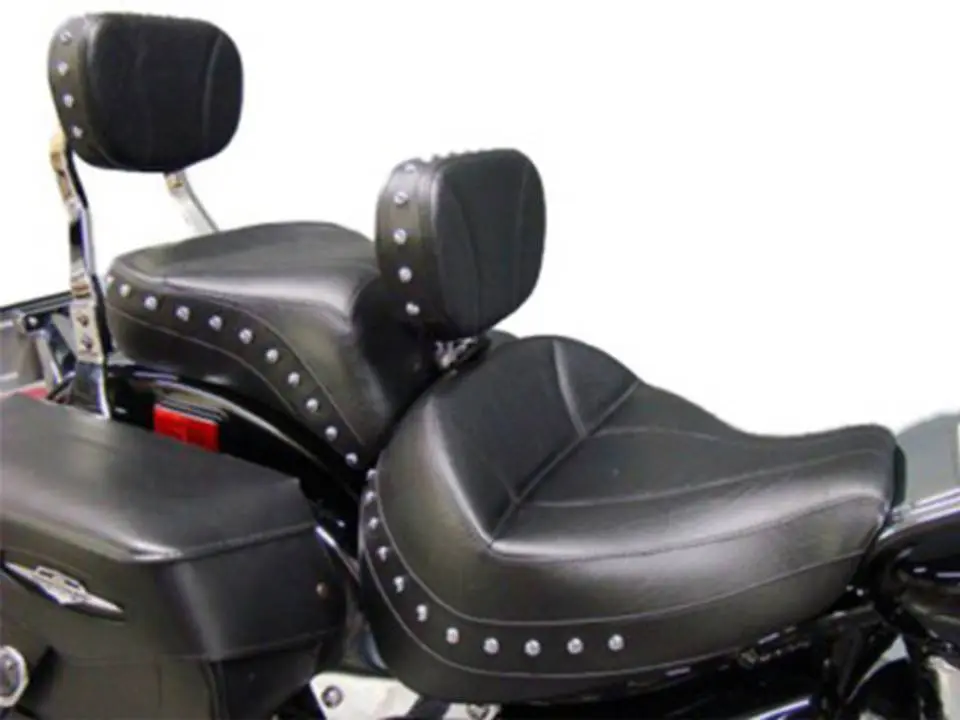 Black leather motorcycle seat with backrest.